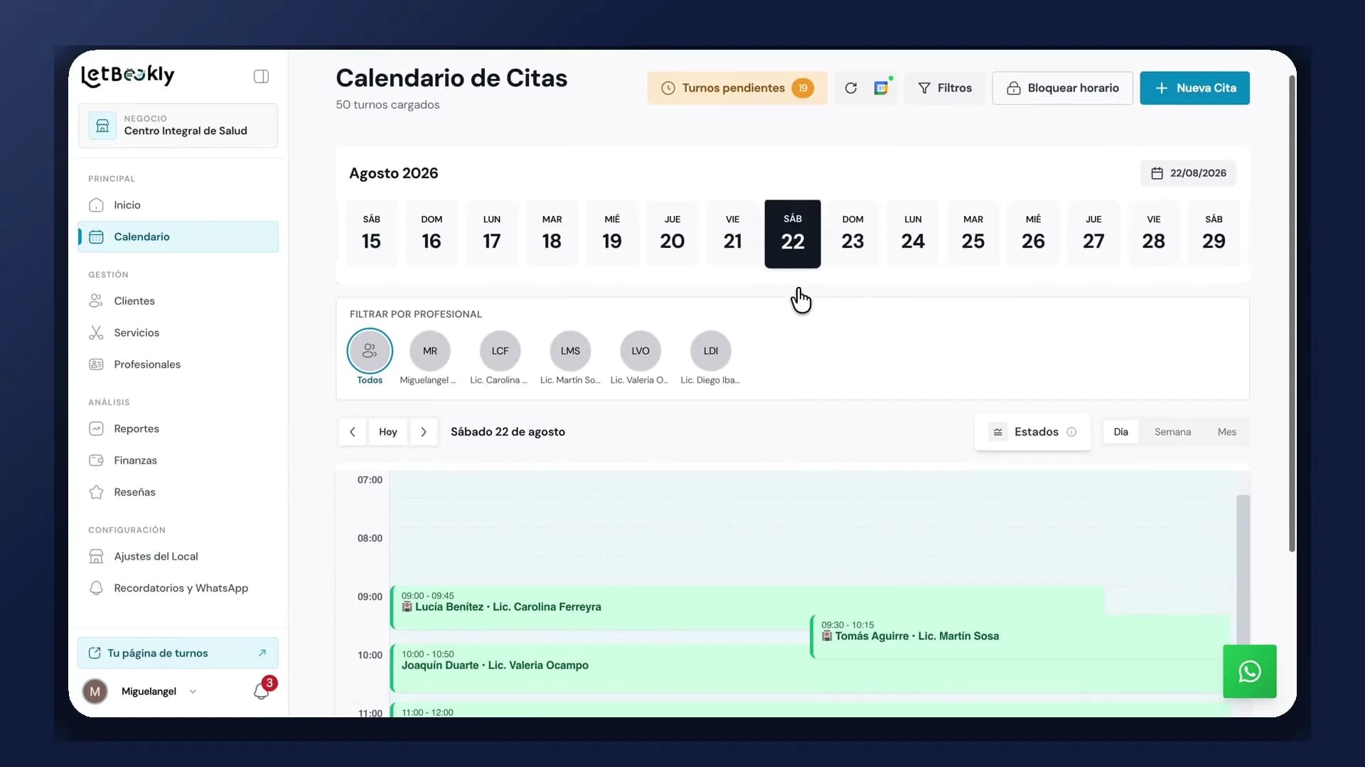 Agenda de Letbookly para salones de uñas y manicura con los turnos del día sincronizados con Google Calendar