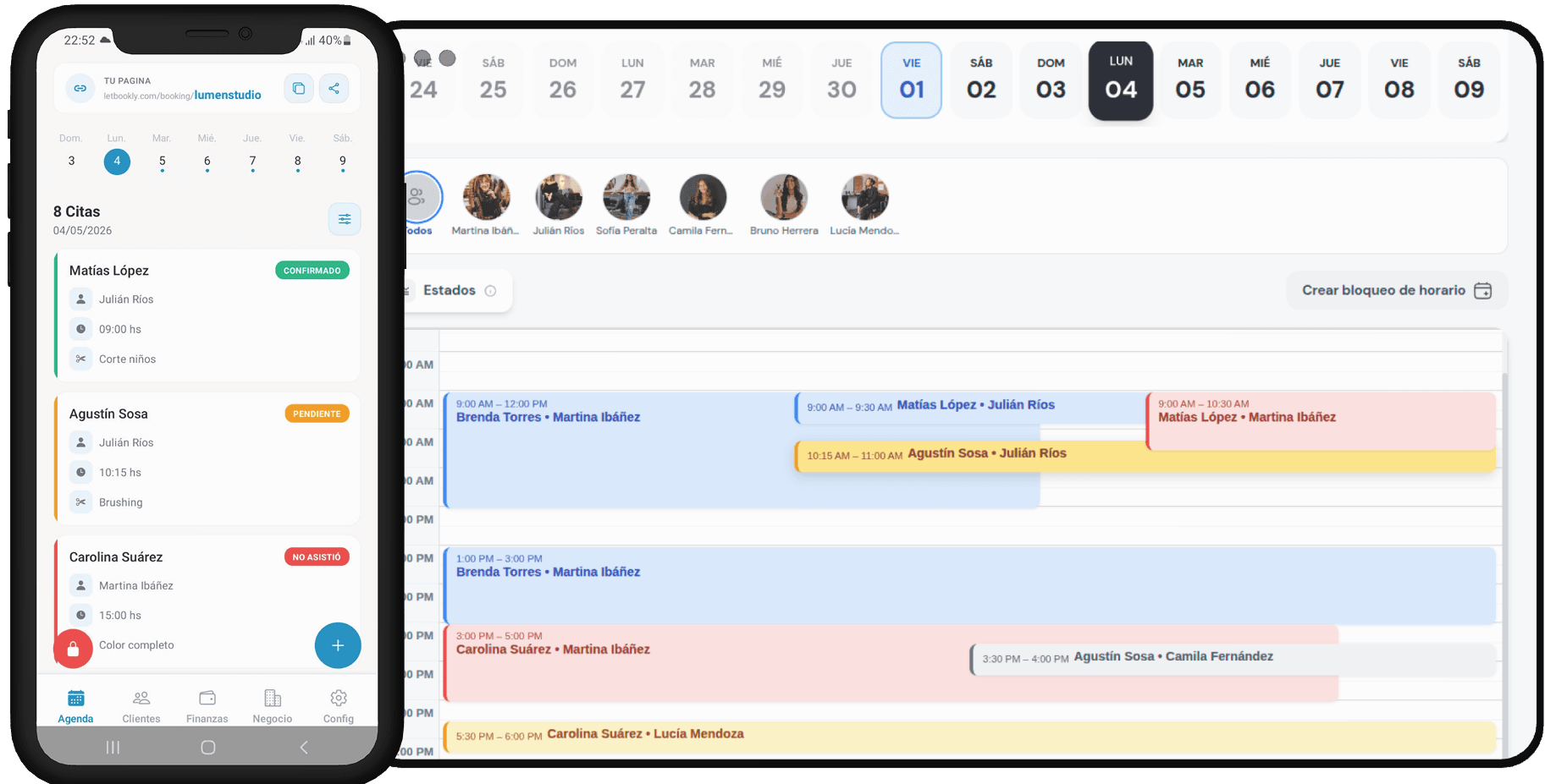 Agenda online de Letbookly para peluquerías con calendario semanal, turnos y profesionales asignados