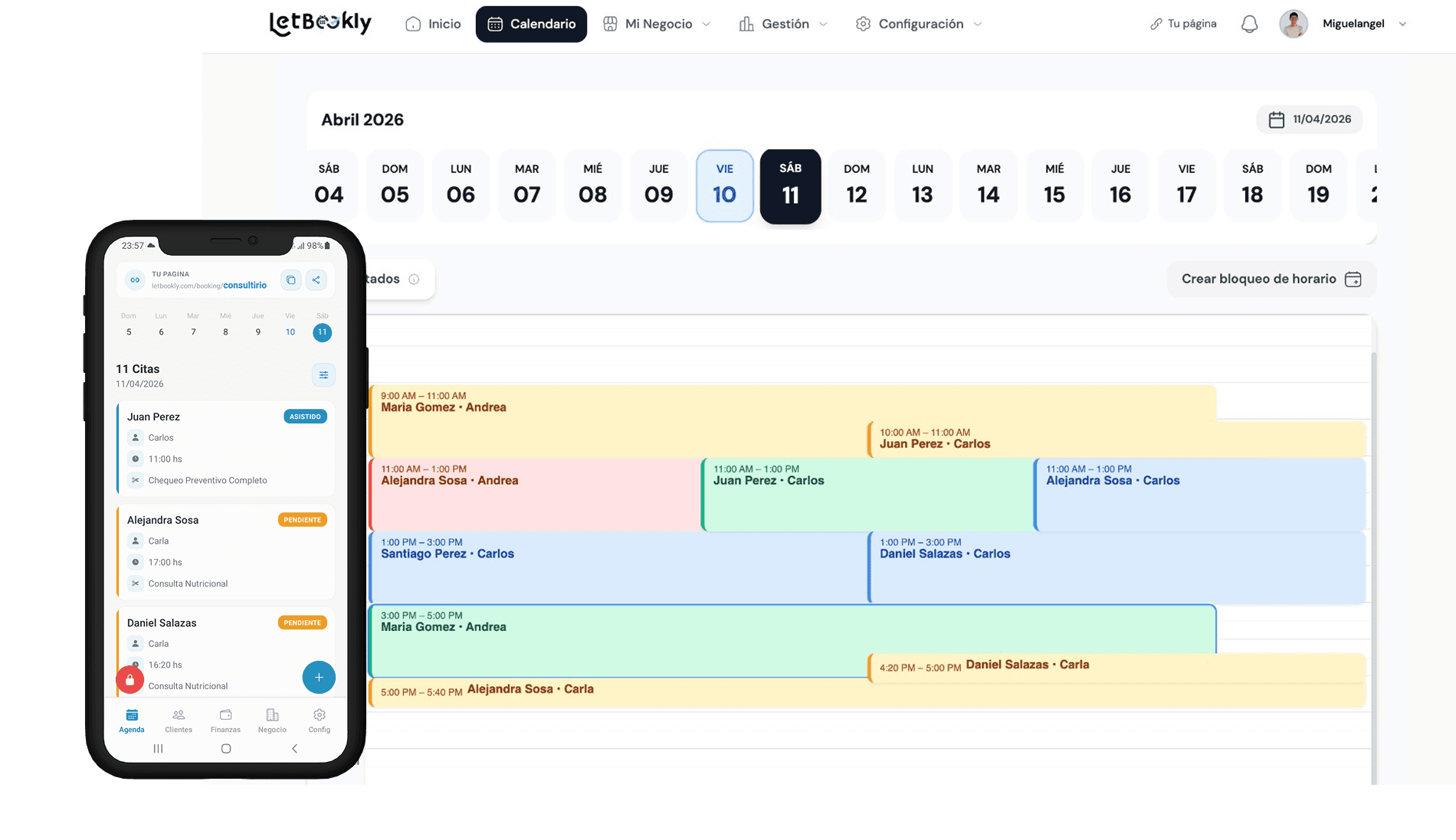 Agenda online de peluquería con calendario semanal y turnos