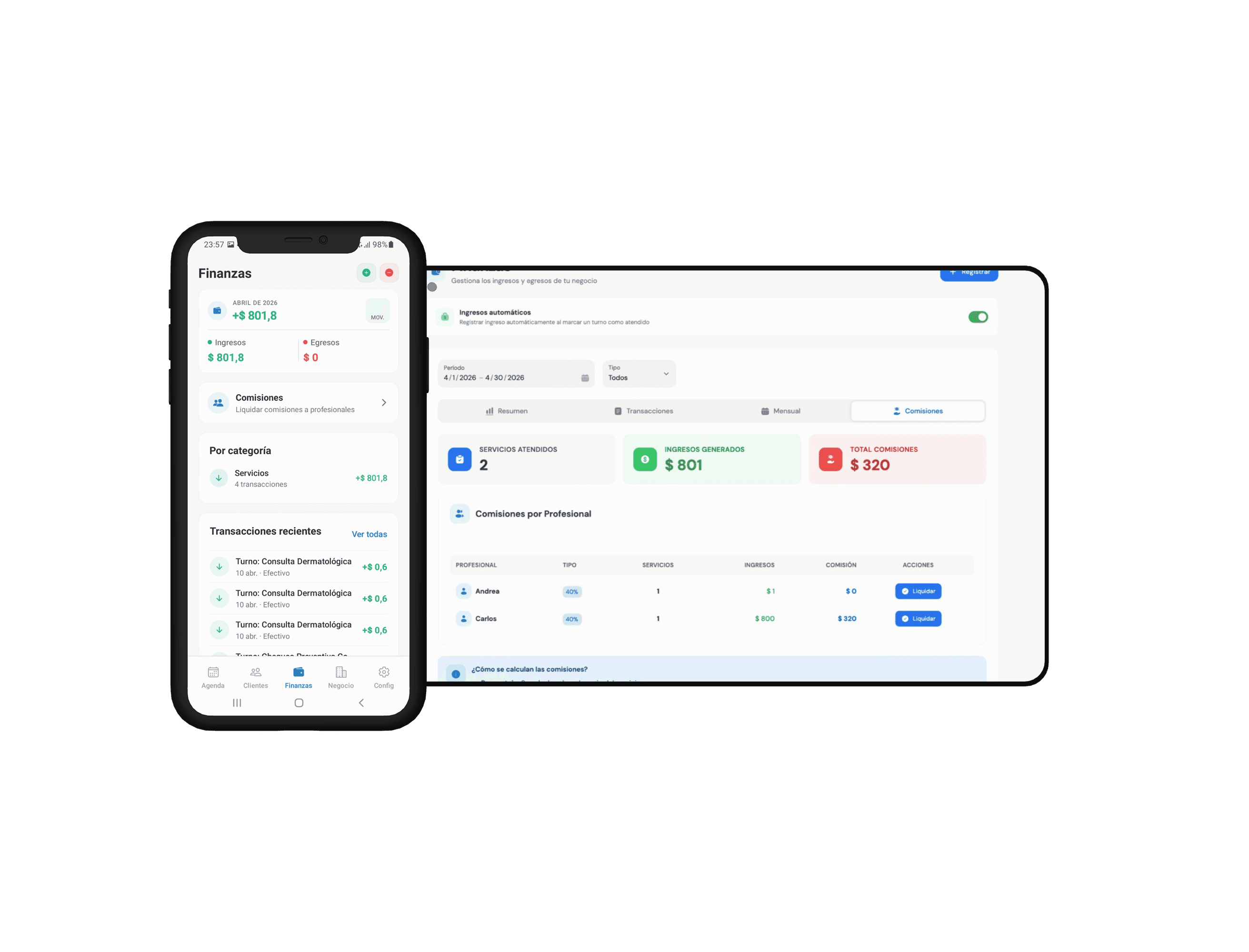 Panel de finanzas y comisiones por profesional en Letbookly