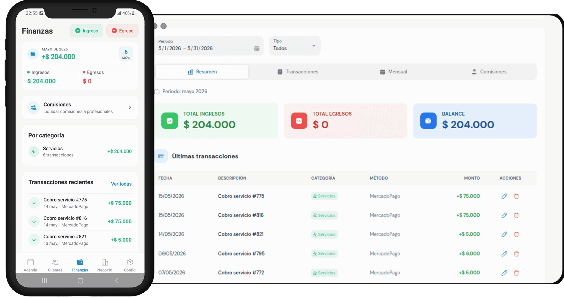 Panel de finanzas con la seña cobrada por Mercado Pago y comisiones por profesional en Letbookly