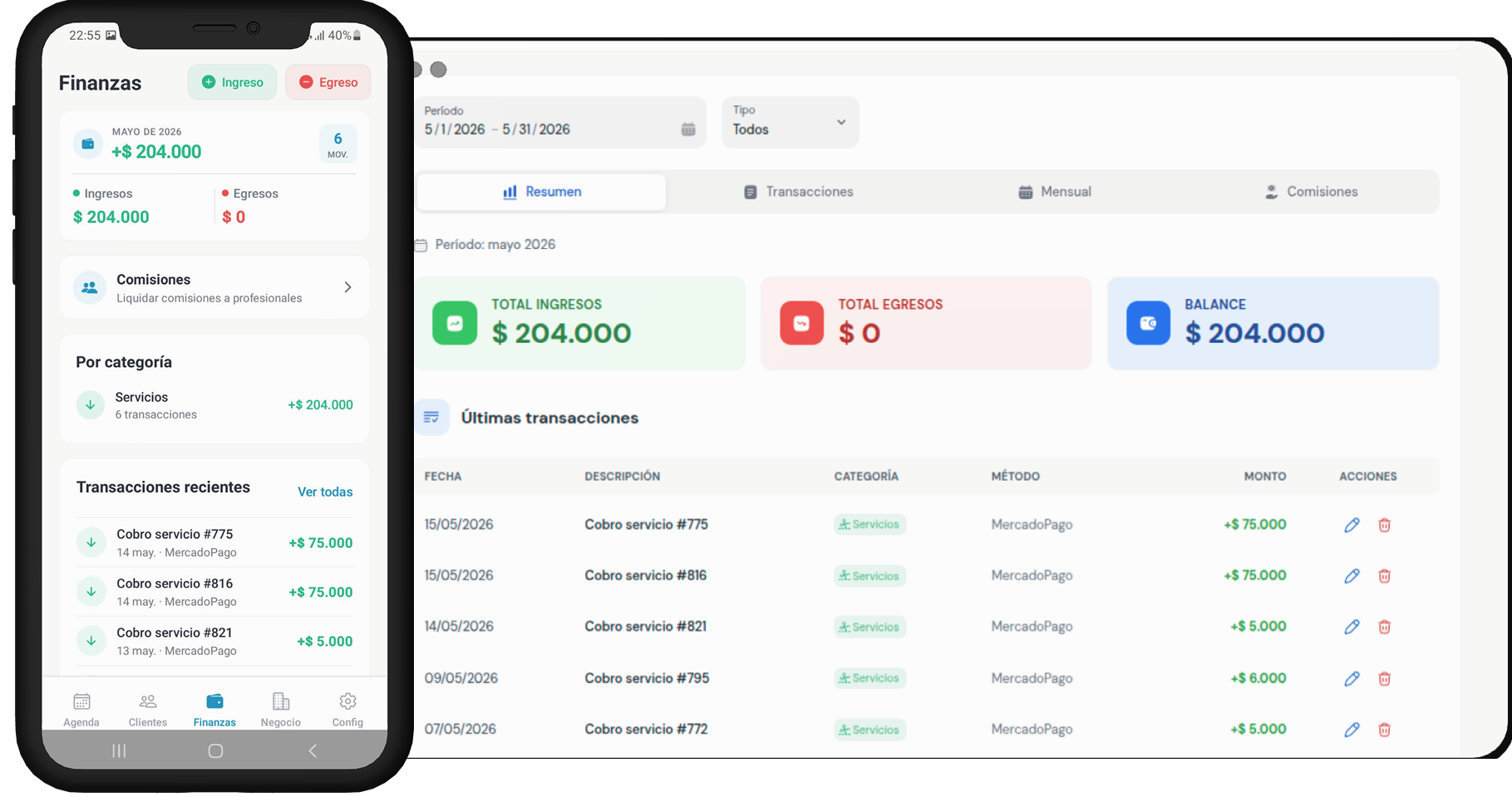 Panel de finanzas, seña cobrada por Mercado Pago y comisiones por profesional en Letbookly