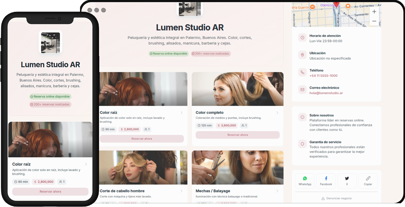 Página de turnos online de peluquería con servicios, precios, profesionales y horarios disponibles