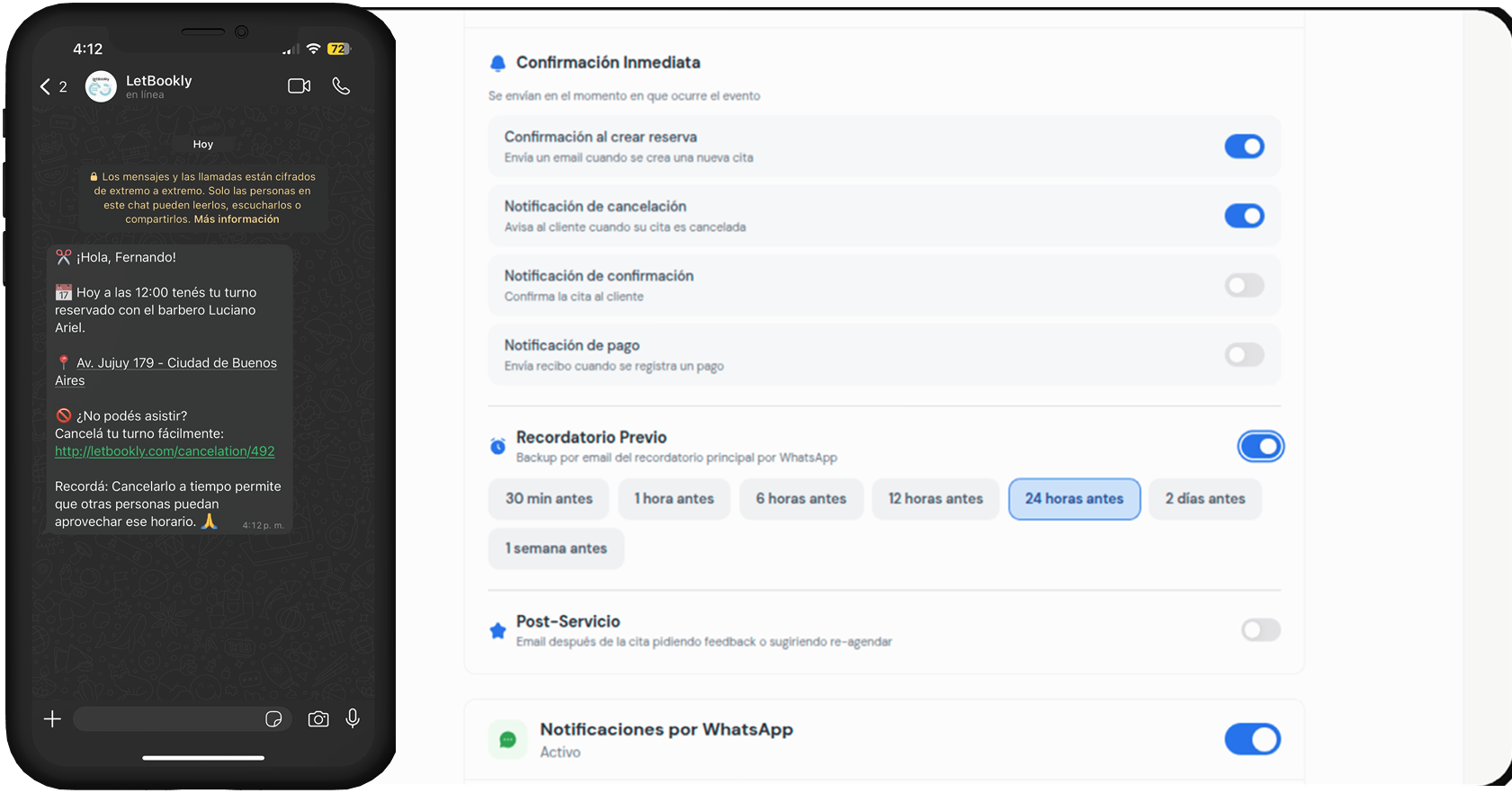 Recordatorios automáticos por WhatsApp antes del turno para reducir ausencias en la peluquería
